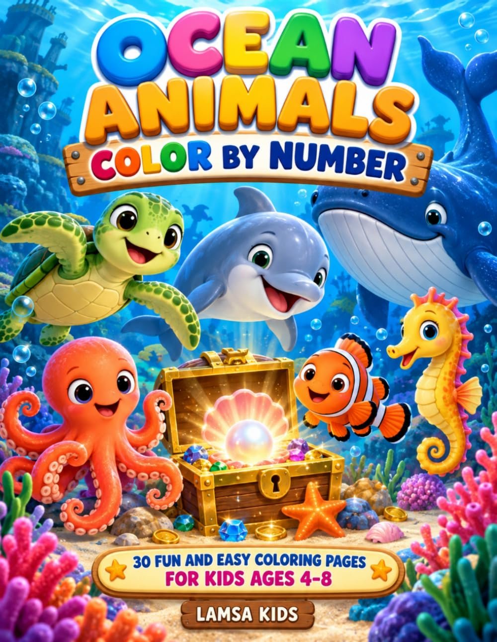 Ocean Animals Color by Number: 30 Fun and Easy Coloring Pages for Kids Ages 4–8