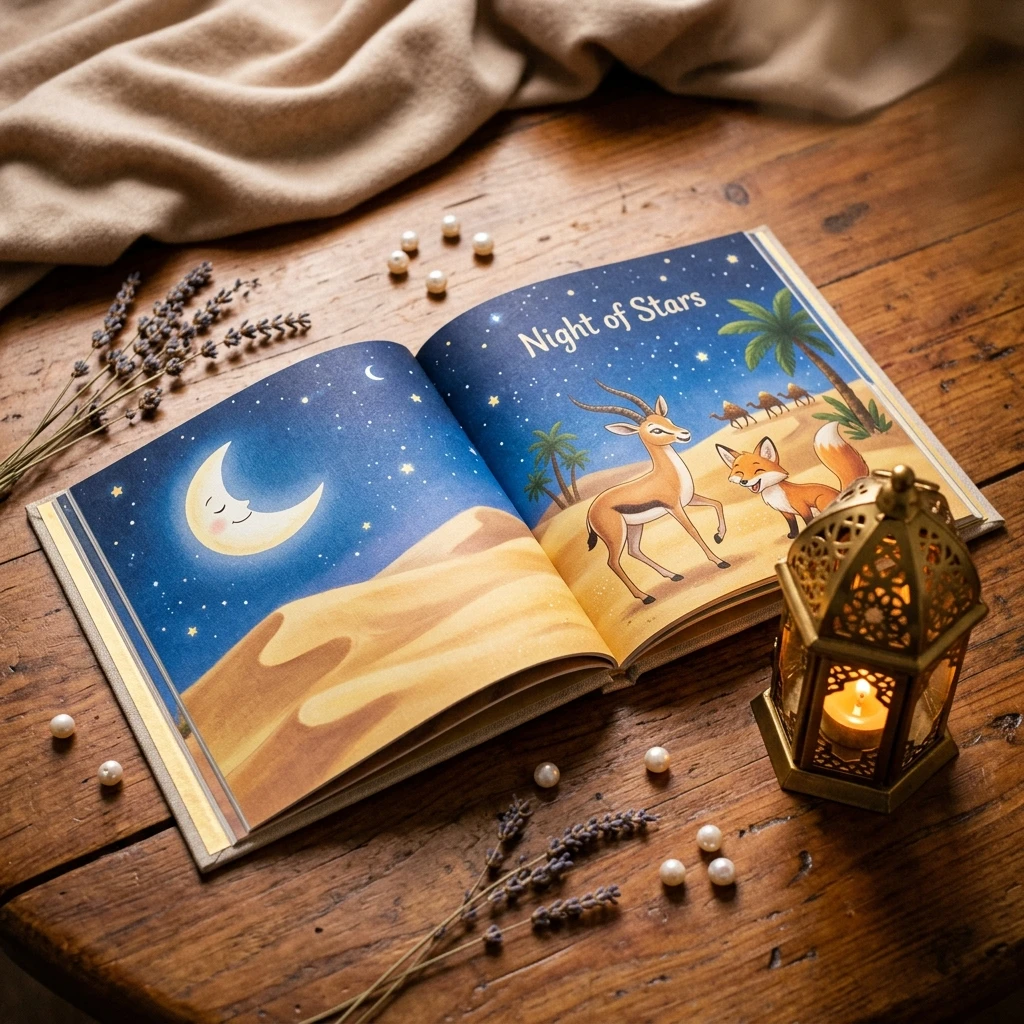 Open illustrated Arabian fairytale storybook with warm brass lantern and pearls