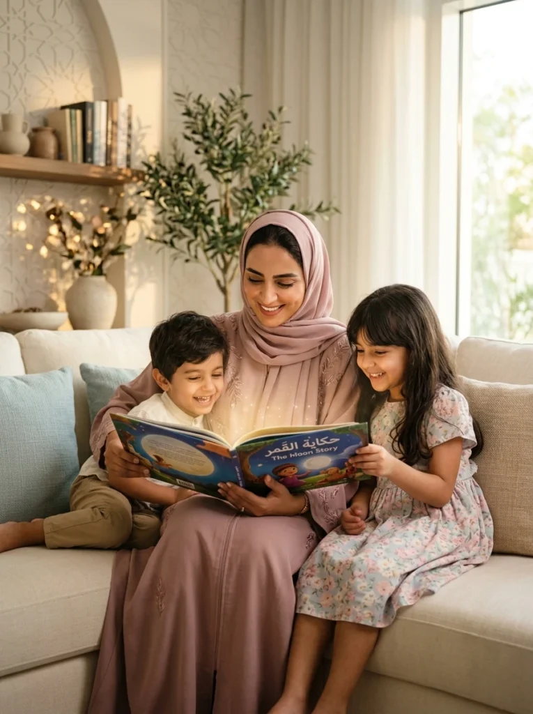 Emirati mother reading bedtime children storybook with daughter and son